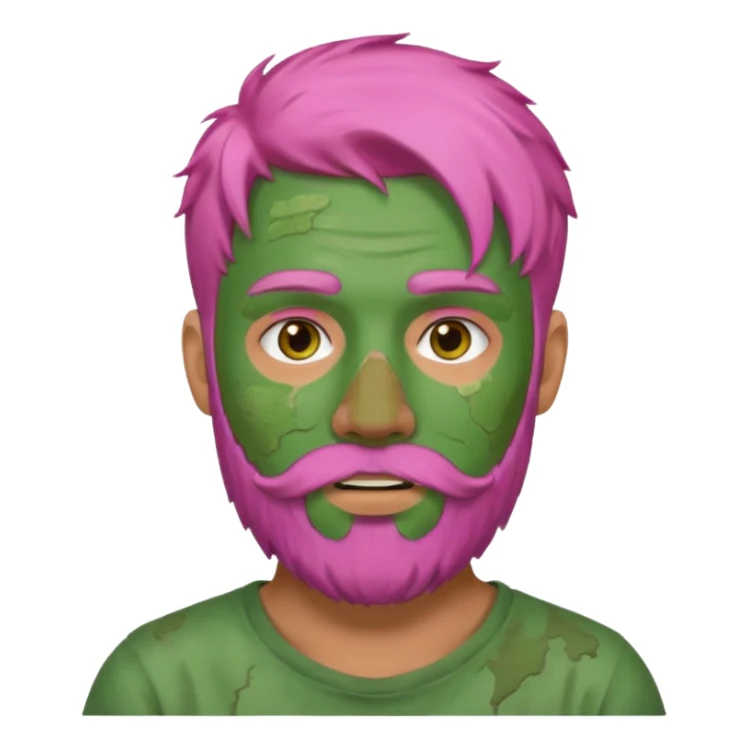 pink haired man with full full face dirty messy green clay mask and beard sticker