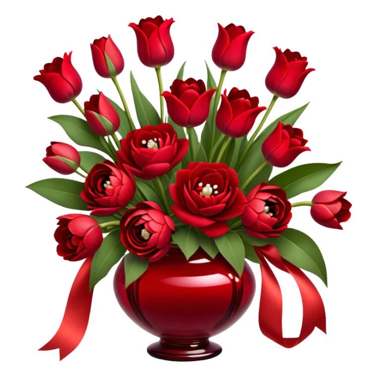 "A luxurious bouquet featuring deep red roses, vibrant red tulips, lush red peonies, and delicate red pansies, all tied together with elegant pearl-colored silk ribbons, arranged in a stunning crimson glass vase, set against a softly lit background."
 sticker