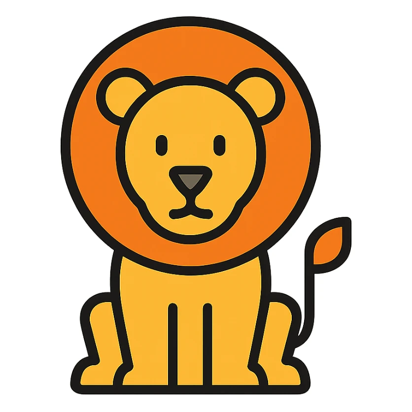 lion icon, geometric shapes, clean lines, modern flat design, minimal color sticker
