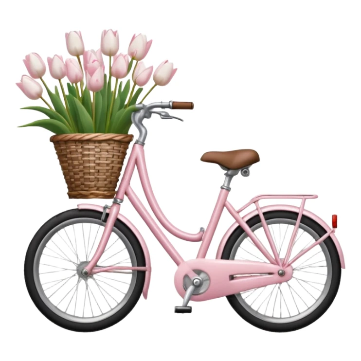 realistic light pink bicycle with basket of white tulips at front sticker