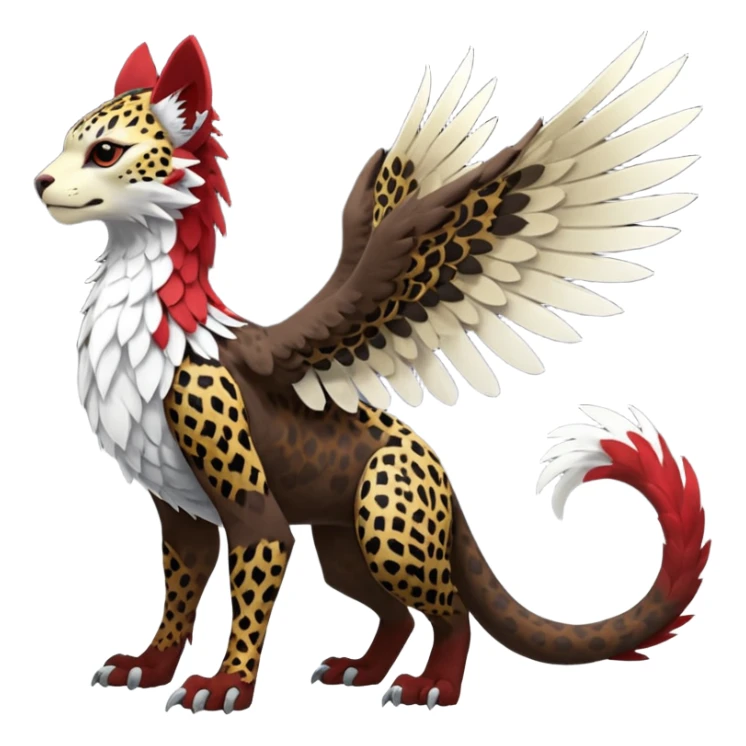 Winged hyper-realistic Feral Rare realistic edgy brown, white, red pretty beautiful handsome gorgeous aesthetic colorful vibrant Vernid-Trico-Silvally-Nargacuga-Gryphon-Leopard-fusion-hybrid-species-Fakemon-creature by LiLaiRa, splotch-rosettes fur markings, rounded ears, full body sticker