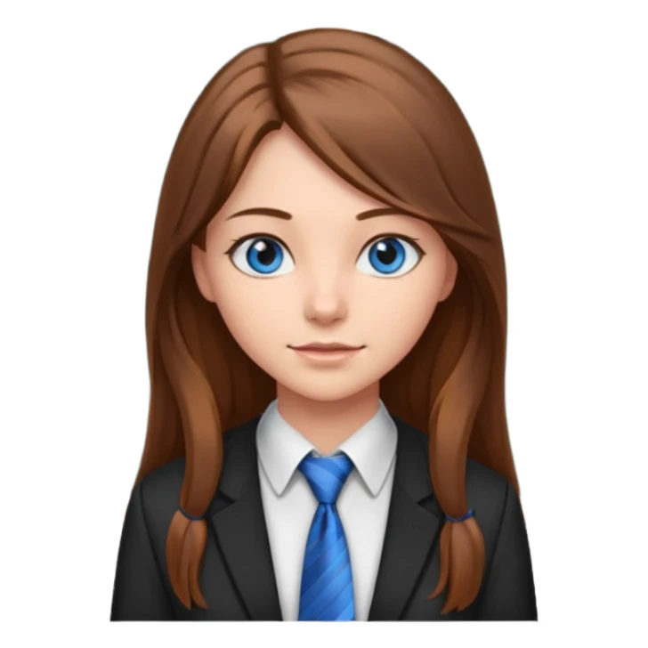 high school class room with a blackboard, with a pretty female high school student with long brown hair, blue eyes, wearing a tie sticker