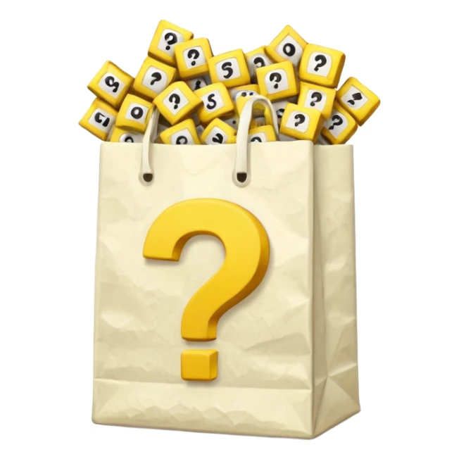 crumbled white goodie bag with yellow questions mark boxes stuffed in it sticker