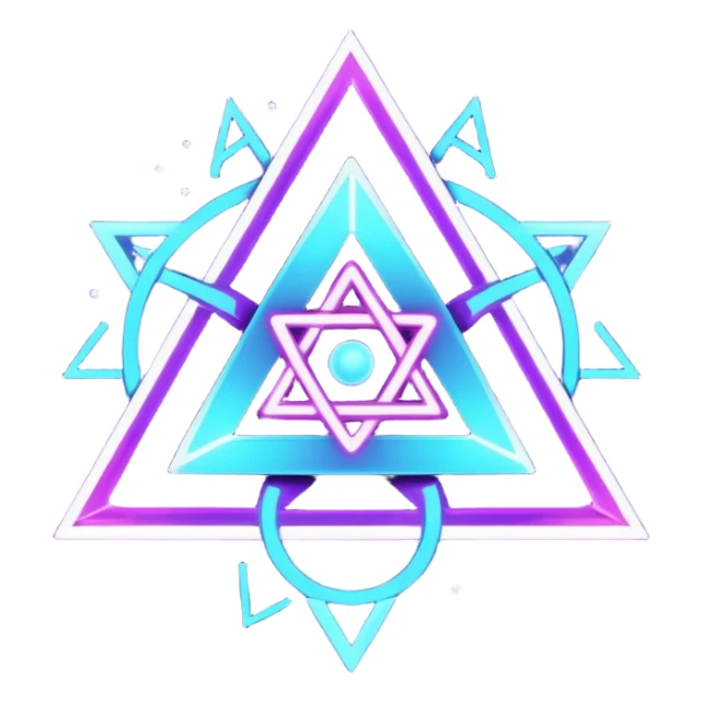 futuristic minimalistic logo icon, glowing triangle formed by three merging neon energy streams representing Storm, Atom, and NoizeGames, neon purple (#8B5CF6) and cyan (#00E0FF), dark background, unity and harmony design, no face, 1:1 aspect ratio sticker