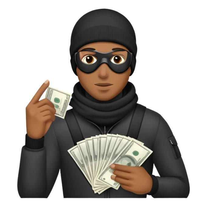 black man holding a money back with a ski mask sticker