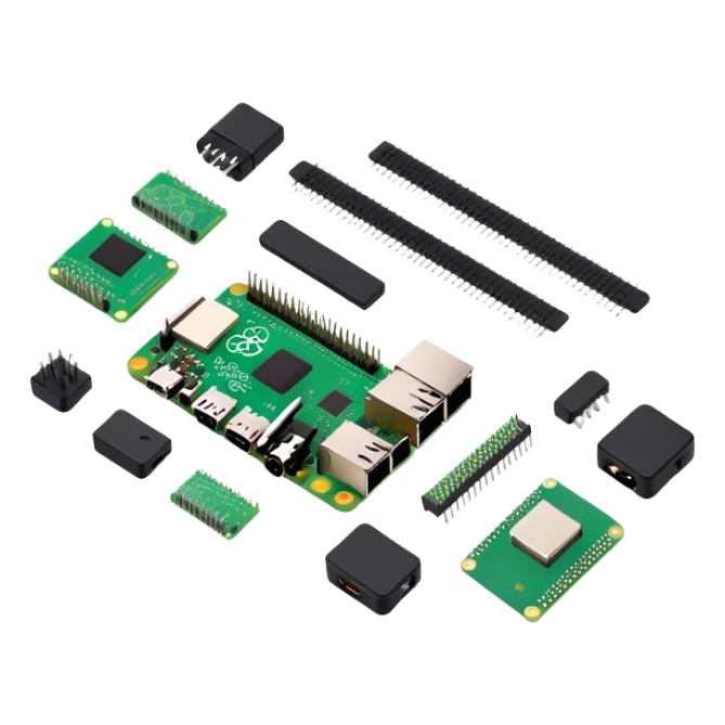group of hardware parts like raspberry pi , chips, sensors, and cameras.  sticker
