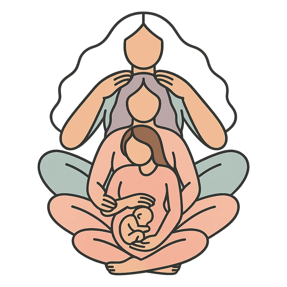 Several generations of women sitting one behind the other as in the reference, all dressed in flesh-colored bodysuits, Chinese Eastern style, icon-color-outlined style with thin clean contours, soft rounded shapes, pastel palette #98B5BC, #B5B3C1, #C9A3C9, #E4C0CA, #F7DCD1, #F7C0AA, expressive shadows and highlights, transparent background, no decoration, less cute. Silhouettes and composition as in the reference. sticker