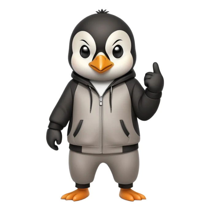 friendly anthropomorphised penguin wearing a mafia-style tracksuit, secretive scheming pose, angry expression, determined stride, holding a knuckle duster sticker