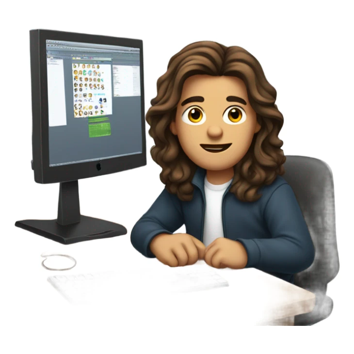 young man with long brown hair working on a mac computer sticker
