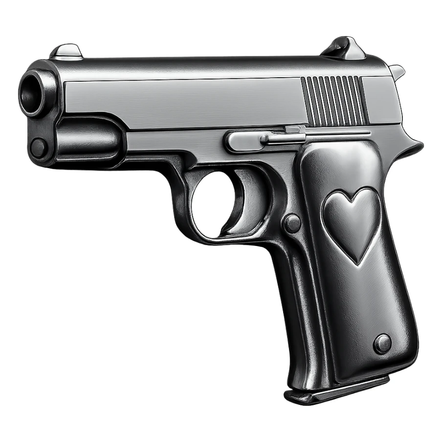 blue heart pistol, chrome style, shiny metallic reflections sticker