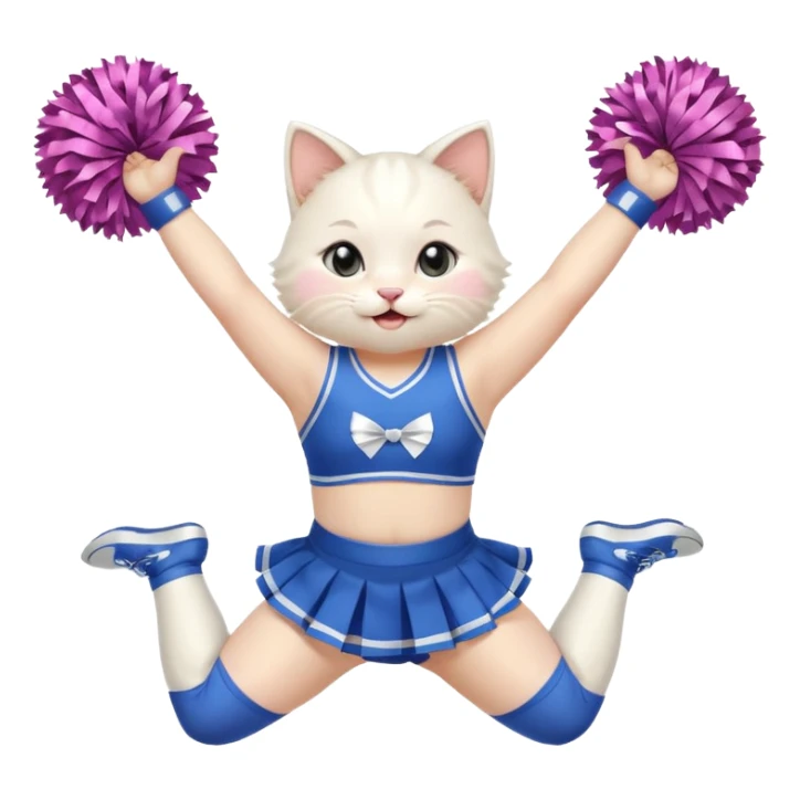 A chubby white kitten cheerleader in pastel uniform jumping in cheer pose. sticker
