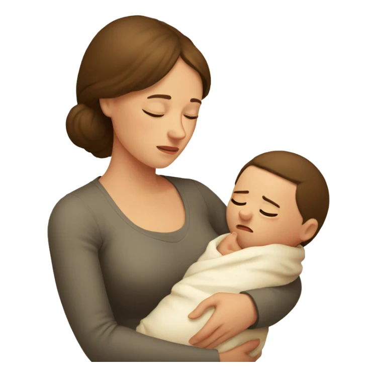 European sad mother with newborn sticker