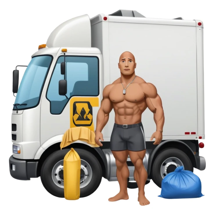 Dwayne the rock Johnson in speedo in front of trash truck sticker