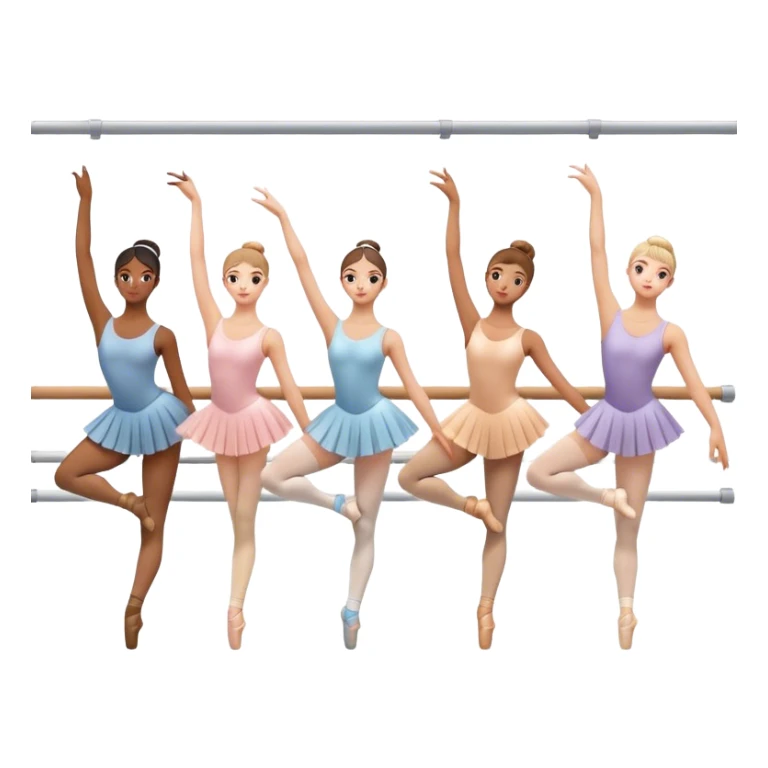 "Icon for Choreography: a group of dance students stretching, holding one hand on a long barre along the wall. The icon should capture the disciplined and graceful nature of ballet practice. Transparent background. sticker