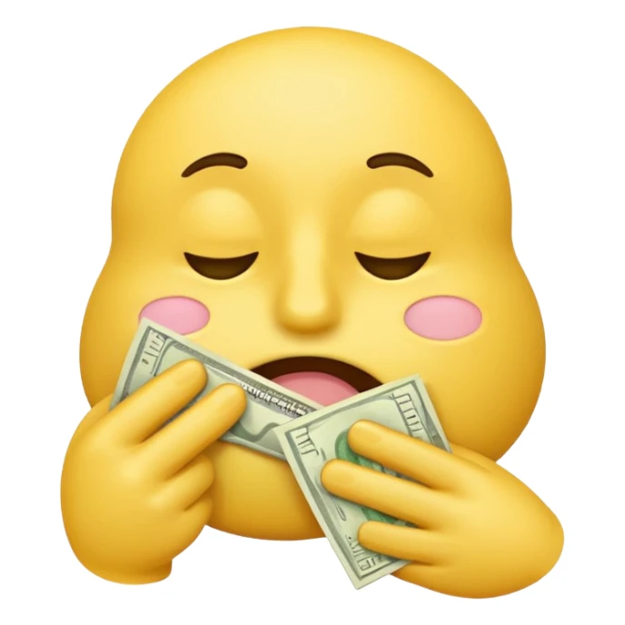 yellow emoji character wiping its nose with a stack of money, expressive face, classic emoji style sticker