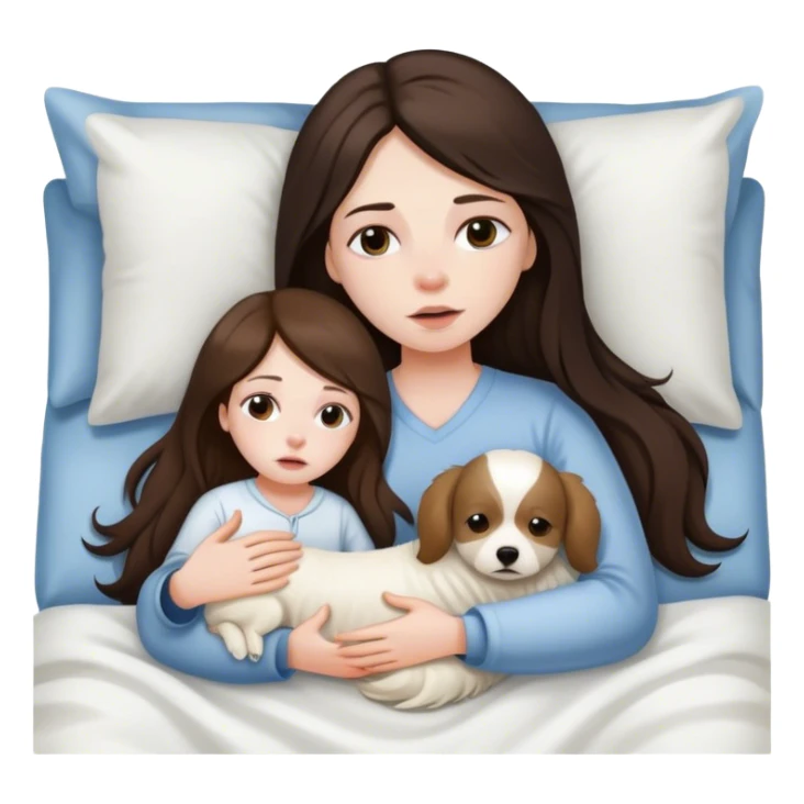 Brunette Long hair sick in bed with little white dog sticker