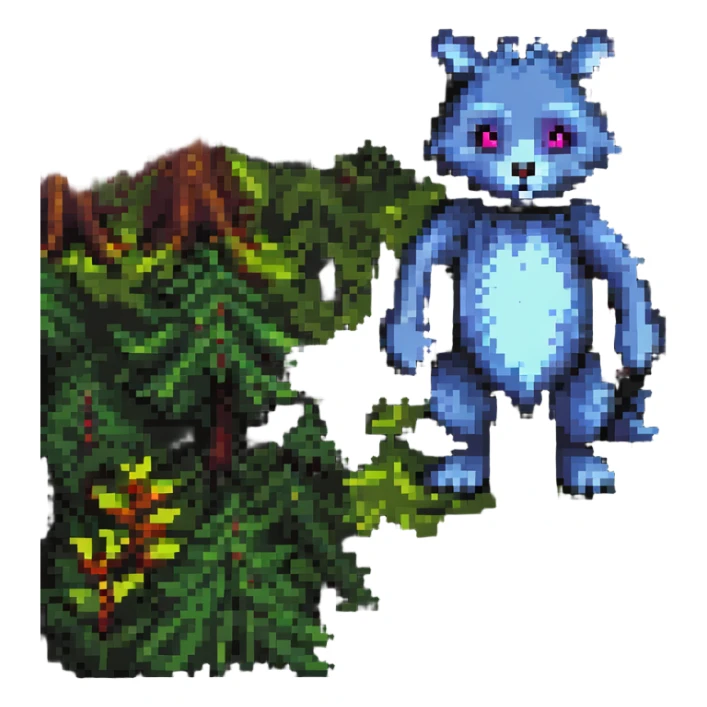 pixel art furry creature standing among trees in a forest sticker