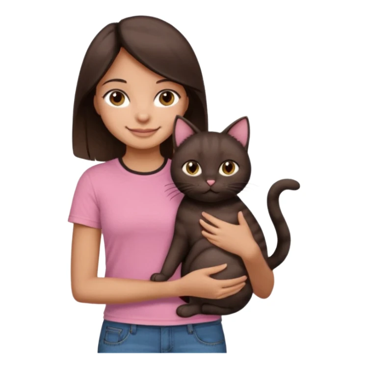 As una chica con piel marron claro con el pelo  medio largo color marron oscuro que tenga la chica una camiseta rosada mangas cortas con un jean claro que tenga ojos marrones la chica que la chica este sonriendo mientras sostiene entre sus brazos 1 gato negro gordito. sticker