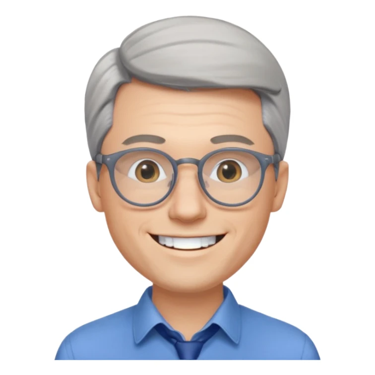 30 yr old pale white man, grey side swept hair, round glasses, big smile, white teeth, handsome, longer hair, thin glasses, blue dress shirt sticker