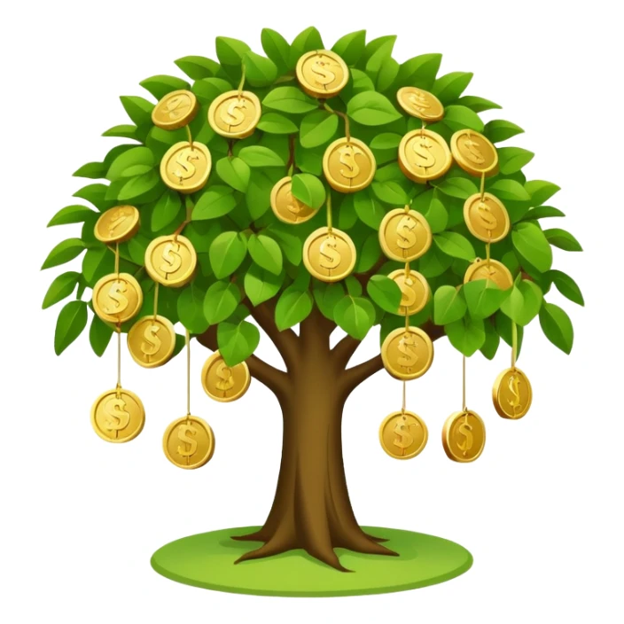 Apple-style money tree (not so mush coins), round soft green canopy.
No pot, no ground — only the tree.
Small gold coins as fruits inside the leaves (not below).
Flat 2D vector, clean shapes, no gradients.
Dark near-black background, premium fintech icon. sticker