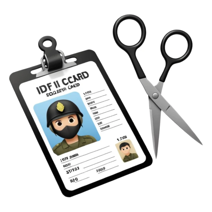 Floating black Scissors cutting an idf soldier ID card in 2 parts .hyper realistic sticker