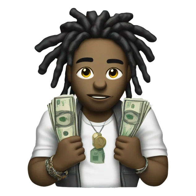 young hustler with dreads with a angry face  holding money with both hands wearing designer clothing sticker