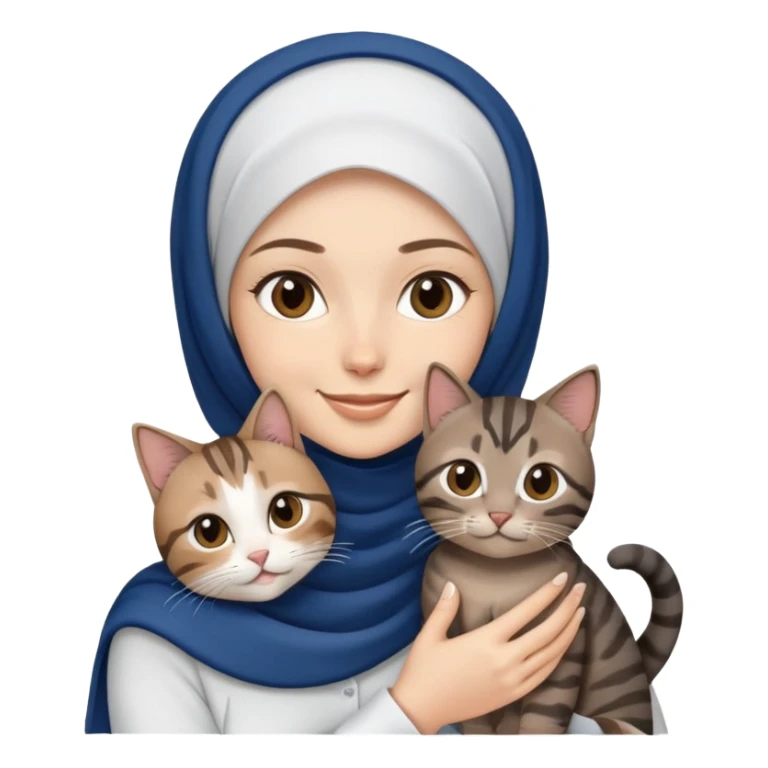 White girl wearing dark blue hijab with white shirt smiling while holding a black grey brown tabby cat sticker
