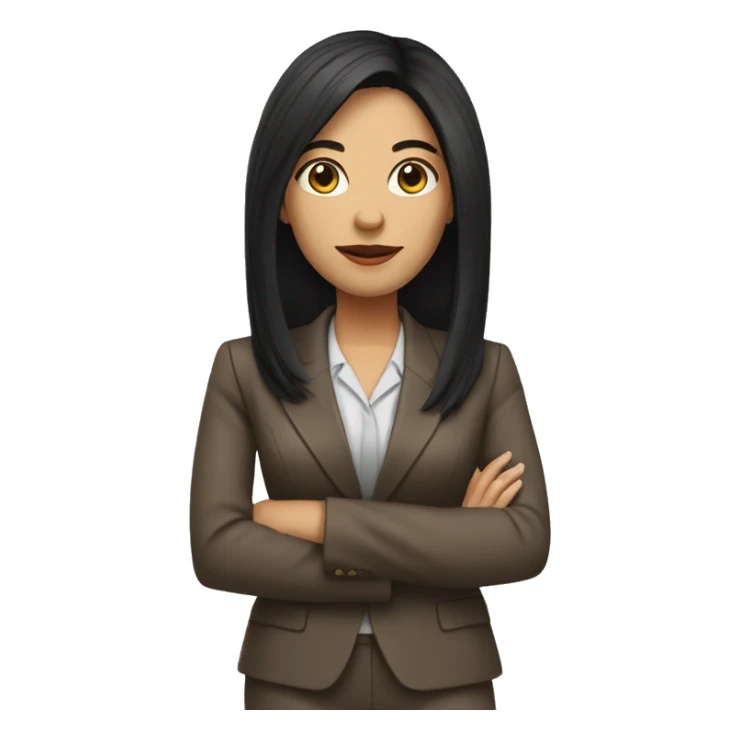 Female defense attorney with long black hair with brown suit sticker