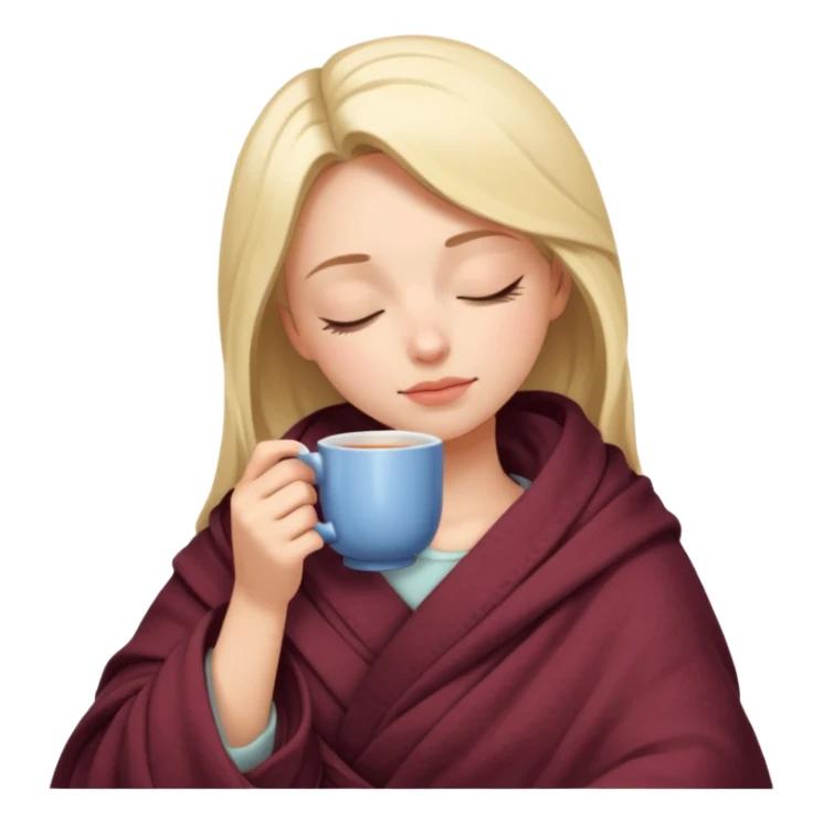 Girl wrapped in blanket eyes closed sipping tea sticker