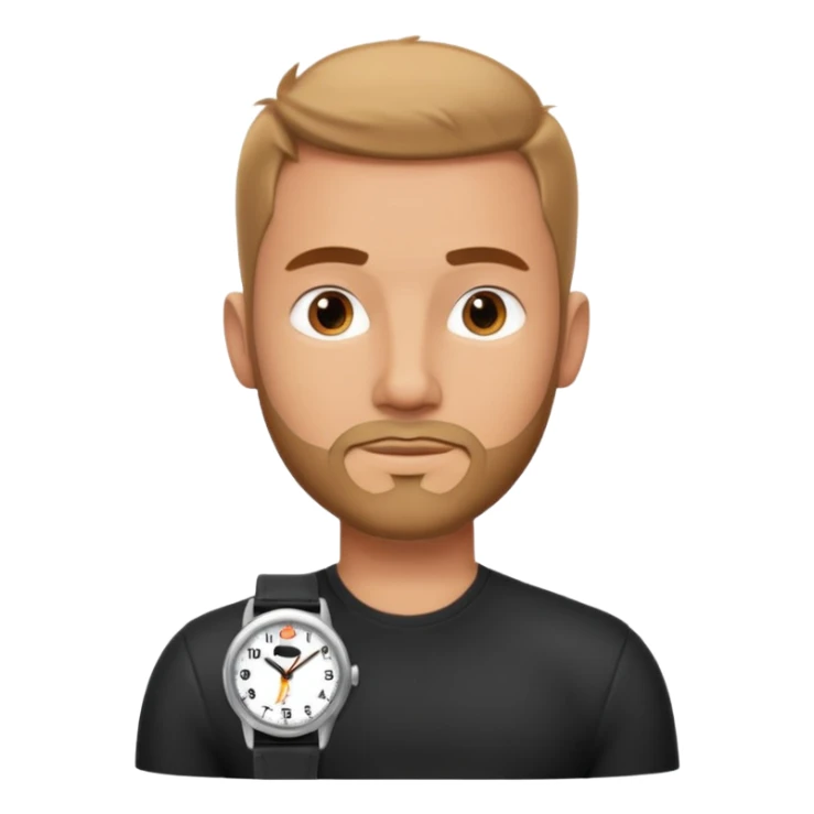 bearded man wearing a black strap watch portrait, head and shoulders only, oval face, short beard, relaxed confident look, black leather strap watch visible, 3D cartoon, mobile game icon style, clean background, no text, no watermark
 sticker