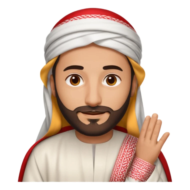 detailed iPhone-style emoji of a Saudi man, soft cartoon face, short beard, brown eyes, calm smile, in white thobe and red-and-white shemagh with black agal, both hands visible sticker