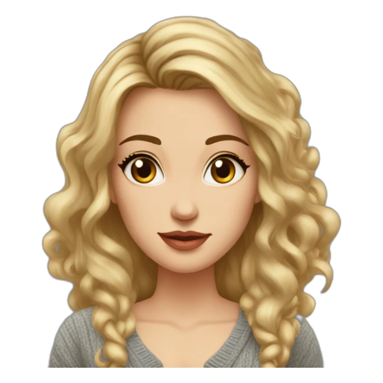 Woman, Late 30s, oval face, high cheekbones, small forehead wrinkles, hazel eyes, long dark roots hair with blond highlights, wearing cardigan sticker