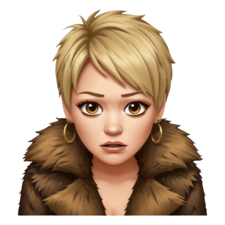 Cinematic realistic ultra HD angry, moody, glamorous, extremely made-up Hilary Duff, extremely skinny in a shaggy fur coat with a bronze glow sticker