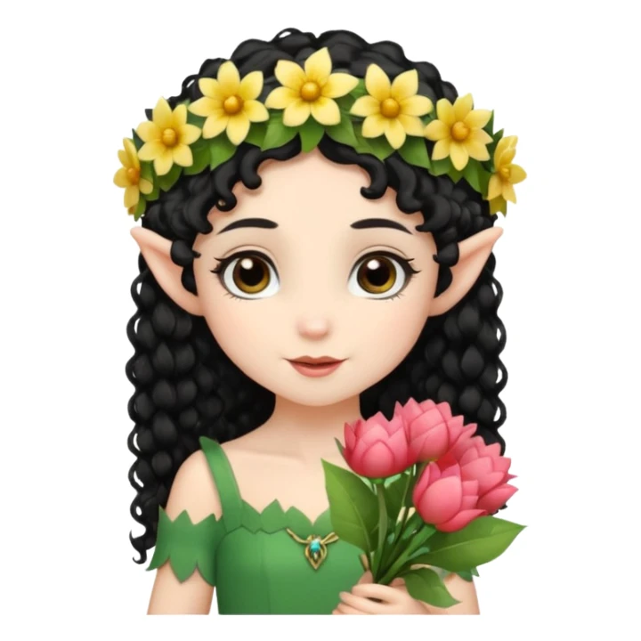 tiny Elf with Flower Crown, curley hair black, with flower bouquet sticker