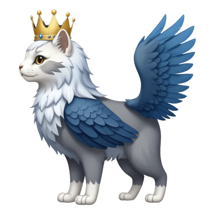 A side view of a standing, slender cat with eagle wigs, a white crown, and blue and grey fur sticker