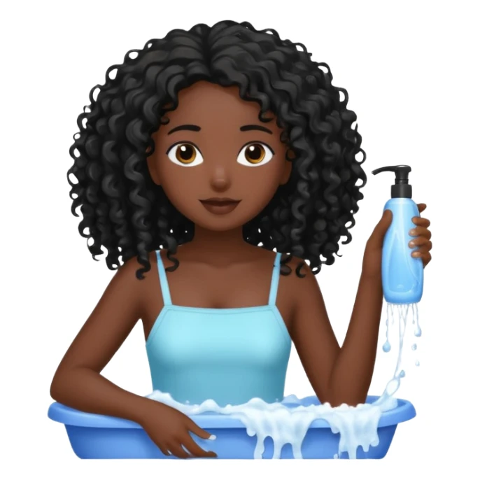 beautiful dark skinned girl washes her long curly black hair with shampoo sticker