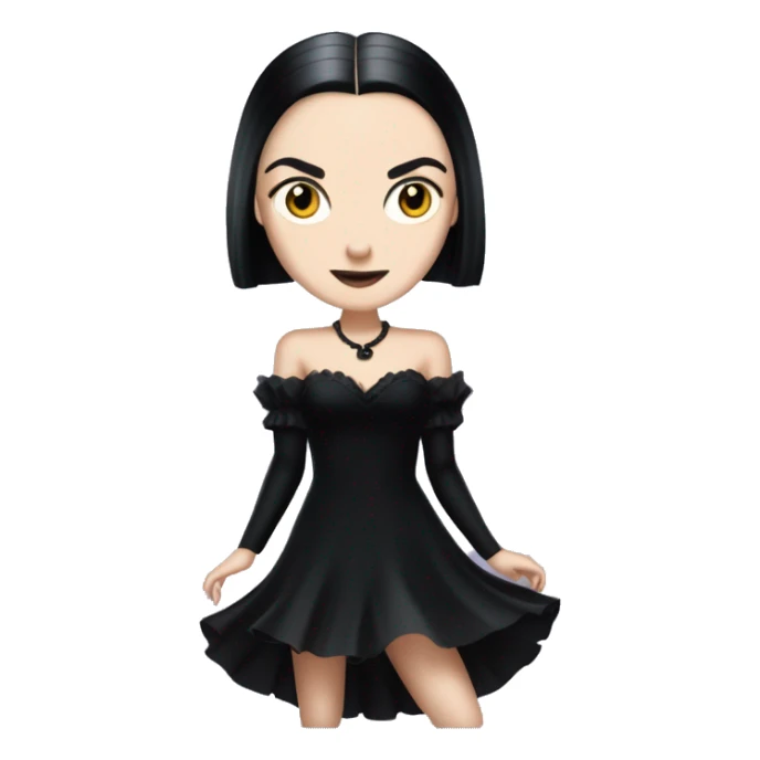 wednesday addams dancing with werewolves. high beauty face. short black flowing strapless evening gown with  plunging neckline that’s off-the-shoulders that also shows her legs and black shiny velvet high heel shoes. sticker