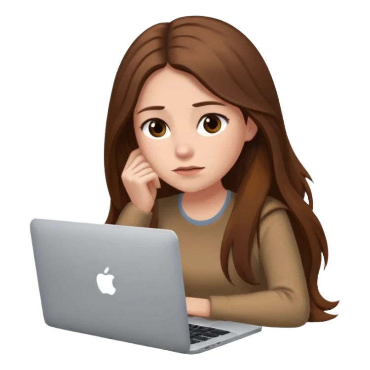 create a woman long hair brown, sitting with her macbook looking tired sticker