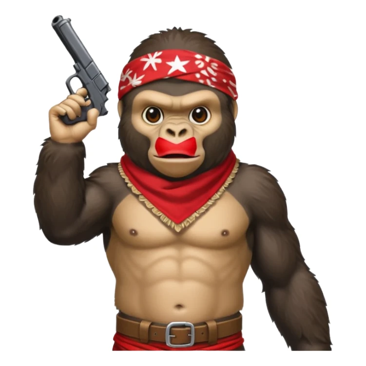 A gorilla holding a gun in the air with a bandana  sticker