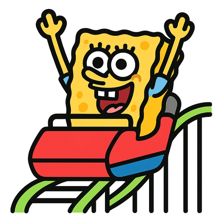 Bob l'éponge dans un montagnes russes, icône plate, couleurs franches, design épuré sticker