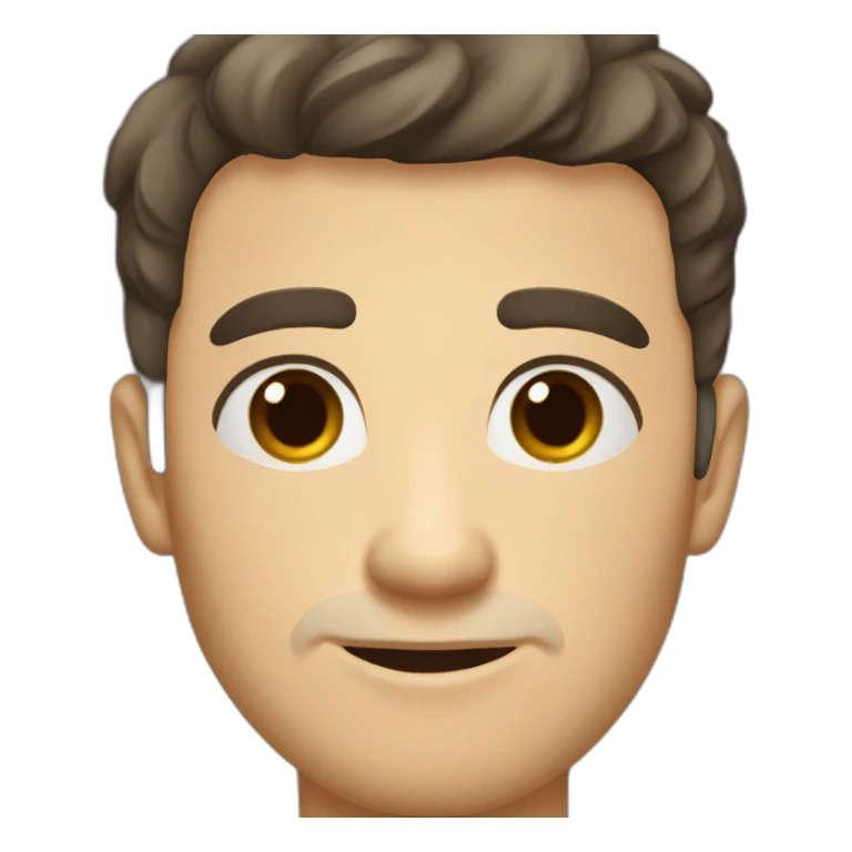 Caucasian man with short dark hair, brown eyes, big nose, sticker