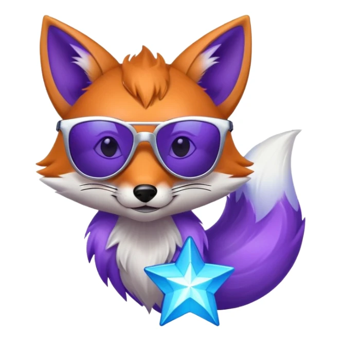 A cool fox with purple-blue fur, a glowing tail, a silver star on its forehead, and round glasses replaced by stylish sunglasses, looking confident. 🦊😎 sticker