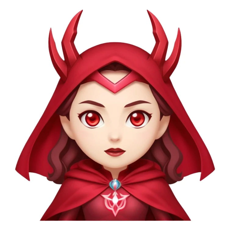 "A chibi-style Scarlet Witch emoji with glowing red eyes and a mystical aura around her hands. She wears a dark red headpiece and a flowing red cape, with a confident and slightly mischievous expression. The background is minimal, focusing on her magical energy." sticker