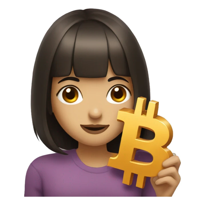 beautiful girl with dark brown hair and bangs hugging bitcoin sticker