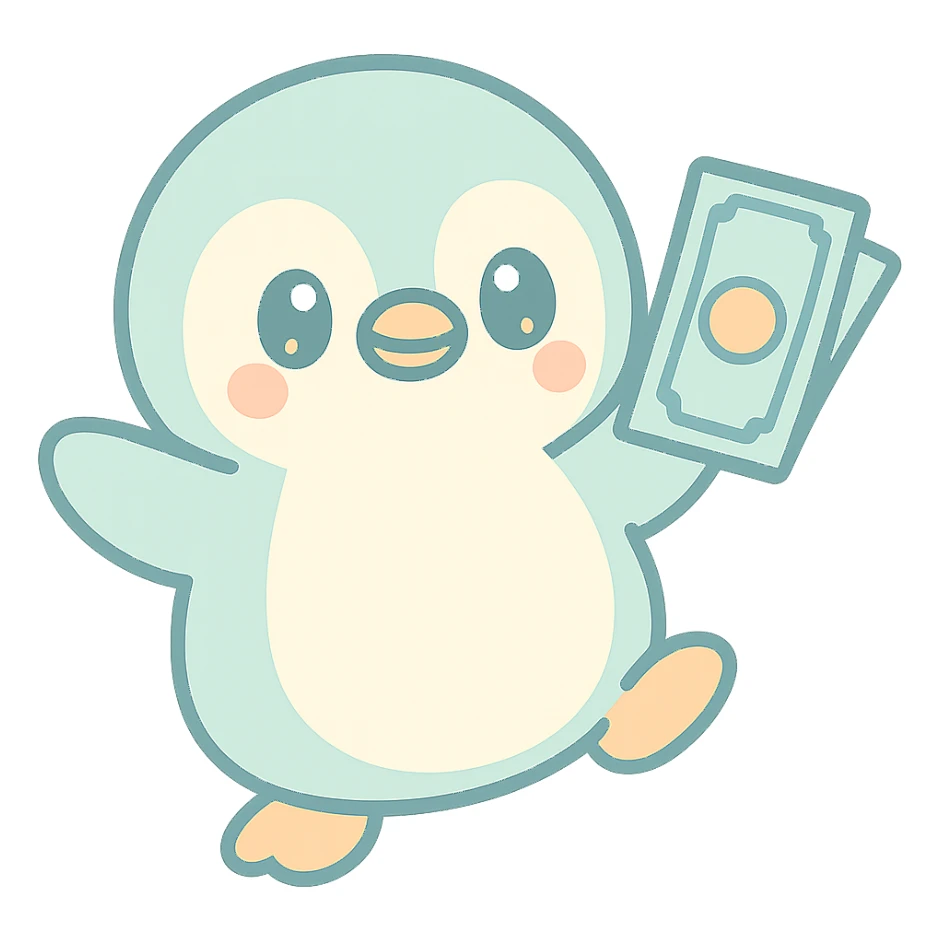 a dancing penguin holding money, cute cartoon style sticker