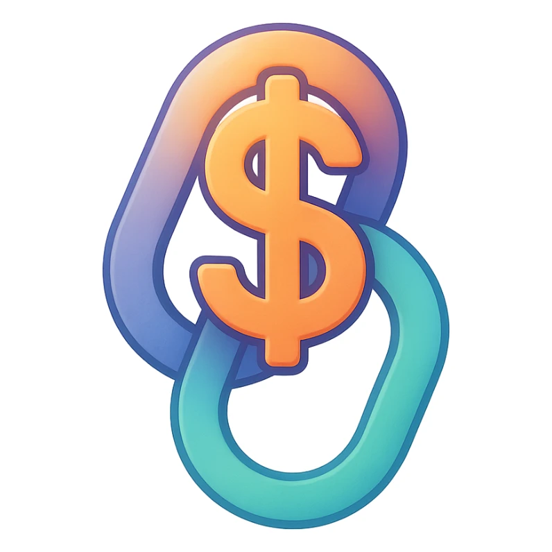 a dollar sign merged with a chain link, forming a unified symbol, in the style of Airbnb's softly shaded, semi-realistic, colorful icons, designed for clarity at small button size sticker