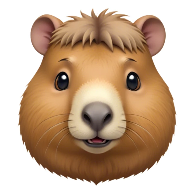 Cinematic Cute Capybara Portrait Emoji, Head tilted playfully and inquisitively, with a delightfully fluffy, rounded form and a distinctively endearing capybara face marked by a short snout and petite ears, accented by luxuriously soft fur in warm earthy tones and bright, sparkling eyes full of charm; rendered with intricate, realistic detail and natural highlights, high shine, affectionate and lively, styled with a touch of whimsical cuteness, soft glowing outline, capturing the essence of a mischievous yet loving capybara that seems poised to tumble playfully into your arms! sticker