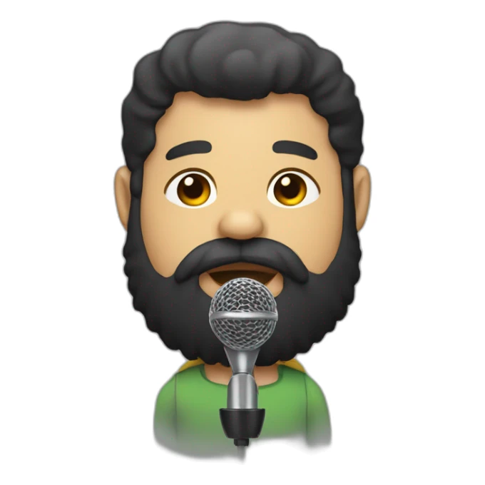 A pudgy man with a black beard and thick hair and a microphone sticker