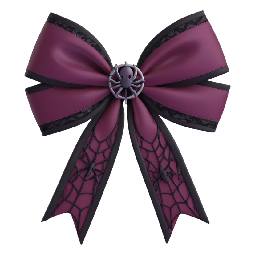 3D emoji gothic bow, deep burgundy satin, black lace overlay, and a silver spiderweb charm sticker
