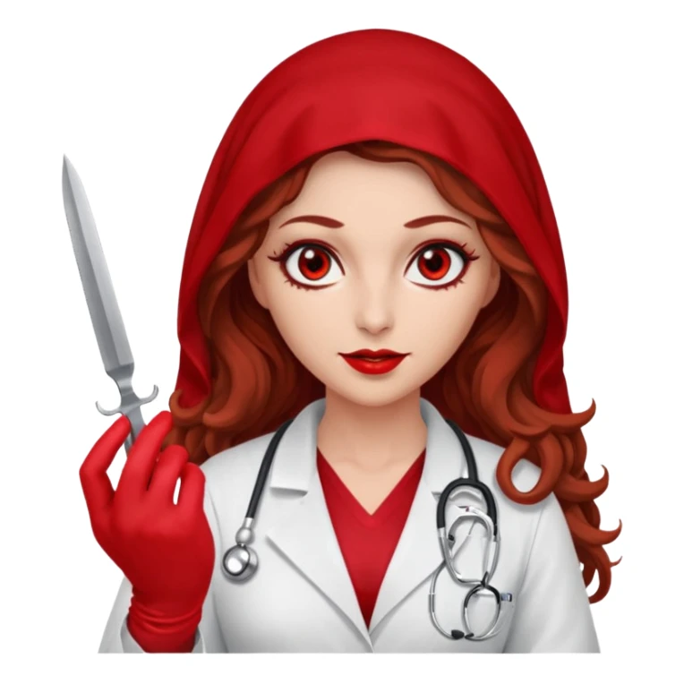 Lilith scalpel in hand, evil surgeon sexy surgeon clothes.  She has red eyes. She brown long curly hair. Wears sexy doctor outfit with red gloves. Wears red burka to hide her identity sticker
